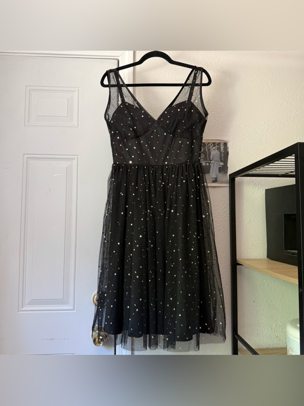 HELL BUNNY black mesh tulle gold‎ metallic star v-neck sleeveless midi dress
